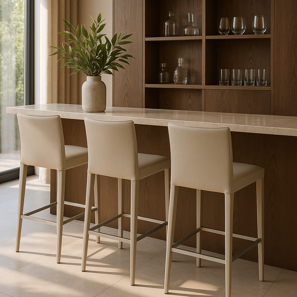 Modern kitchen bar with beige stools, a vase with plants, and shelves with glasses.