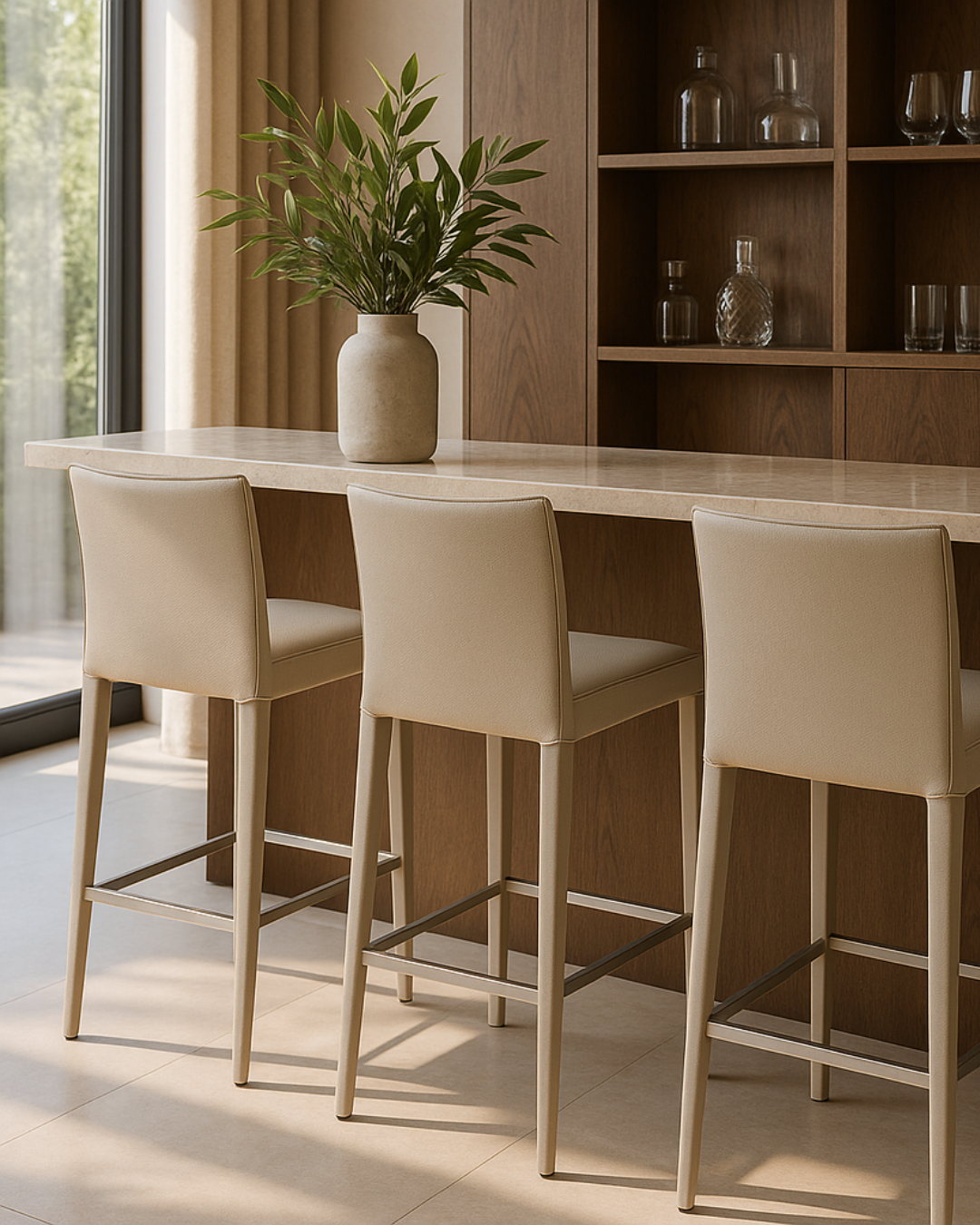 Modern kitchen with a bar counter, stools, and a plant on a shelf.