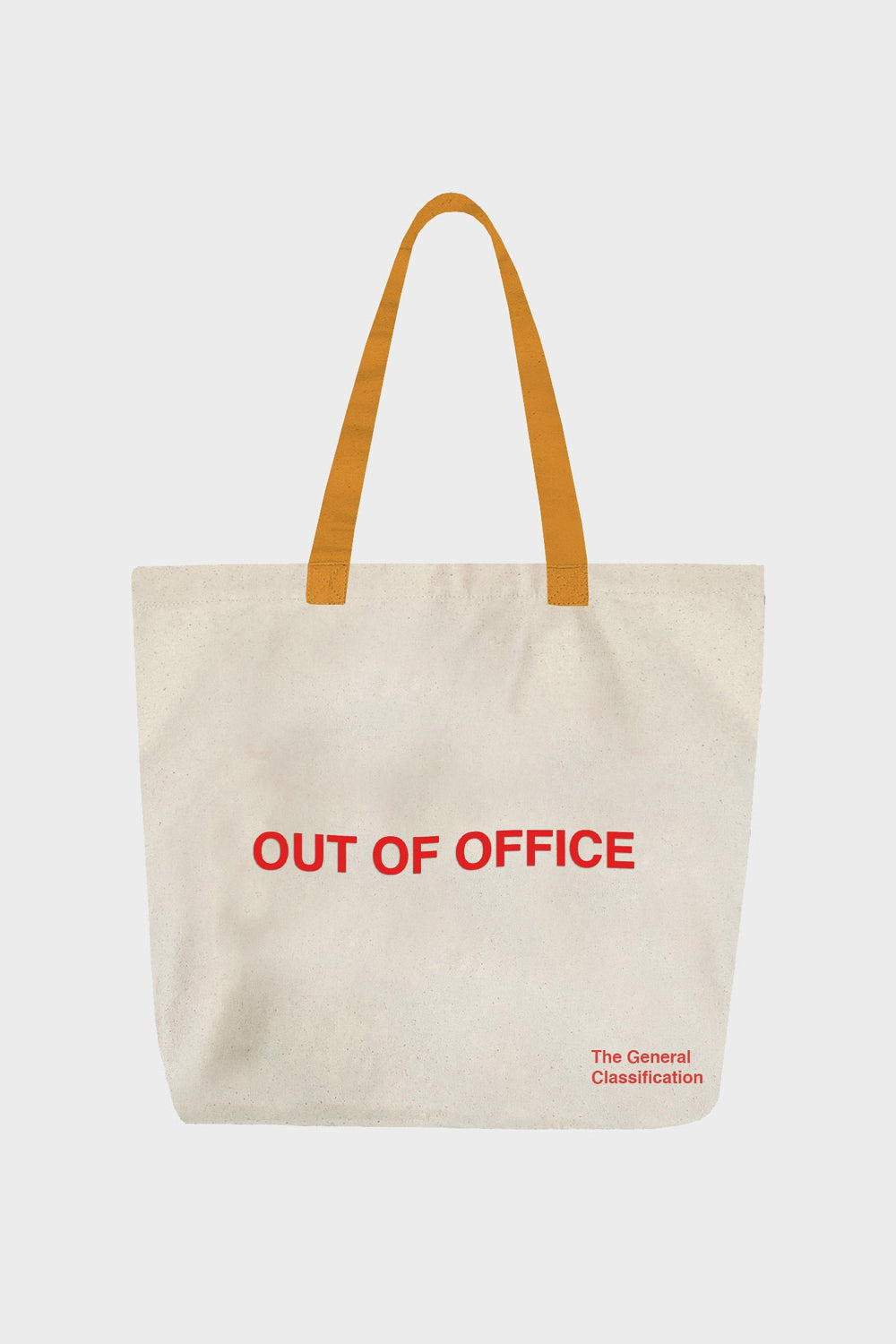 Beige tote bag with red text 'OUT OF OFFICE' on a white background