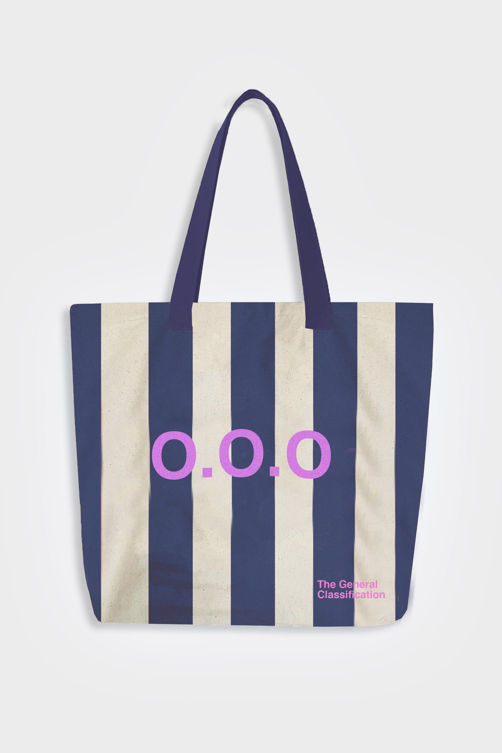 Navy and beige striped tote bag with 'O.O.O' branding on a white background