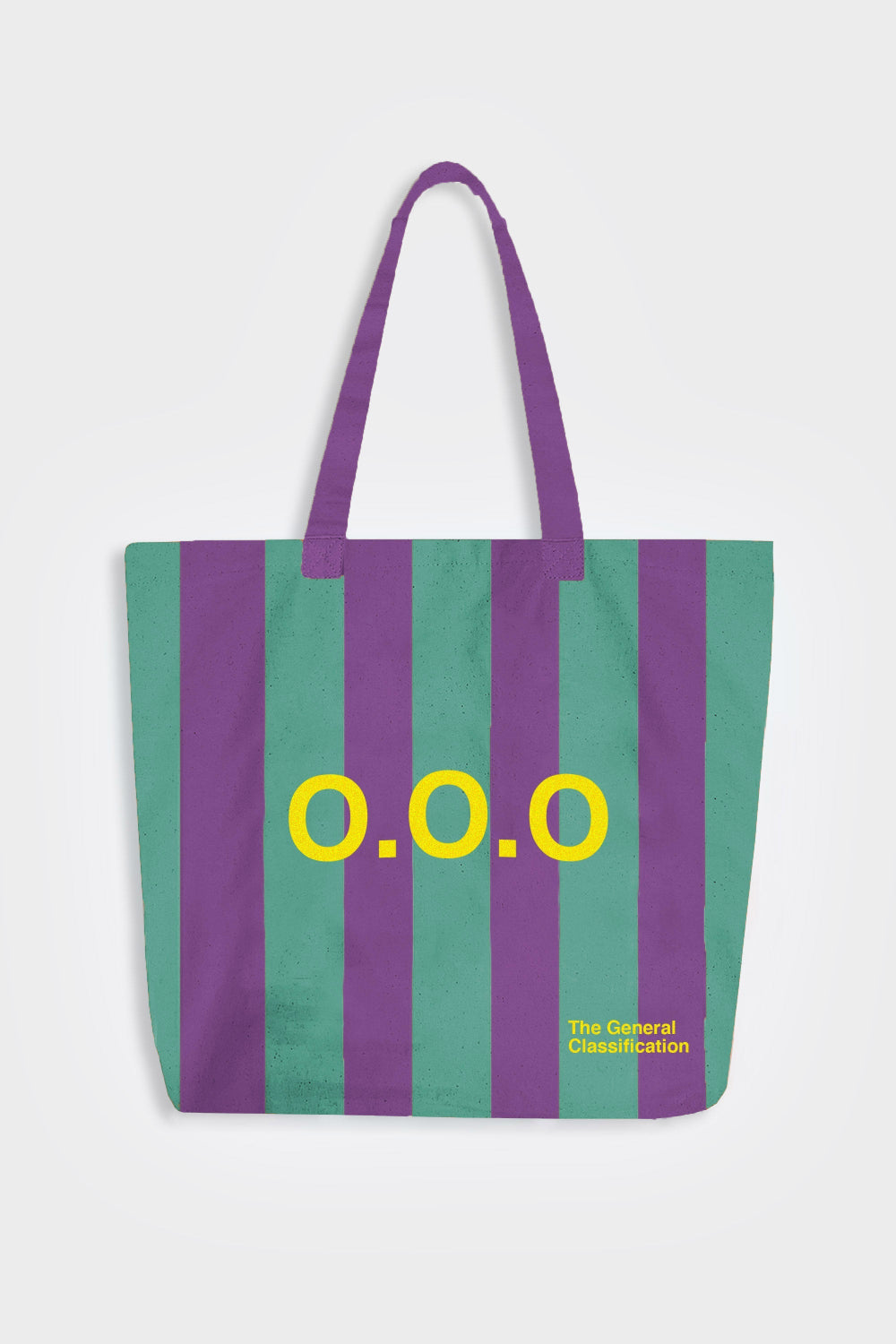 A canvas tote bag with vertical purple and teal-green stripes, featuring the yellow text 'O.O.O'