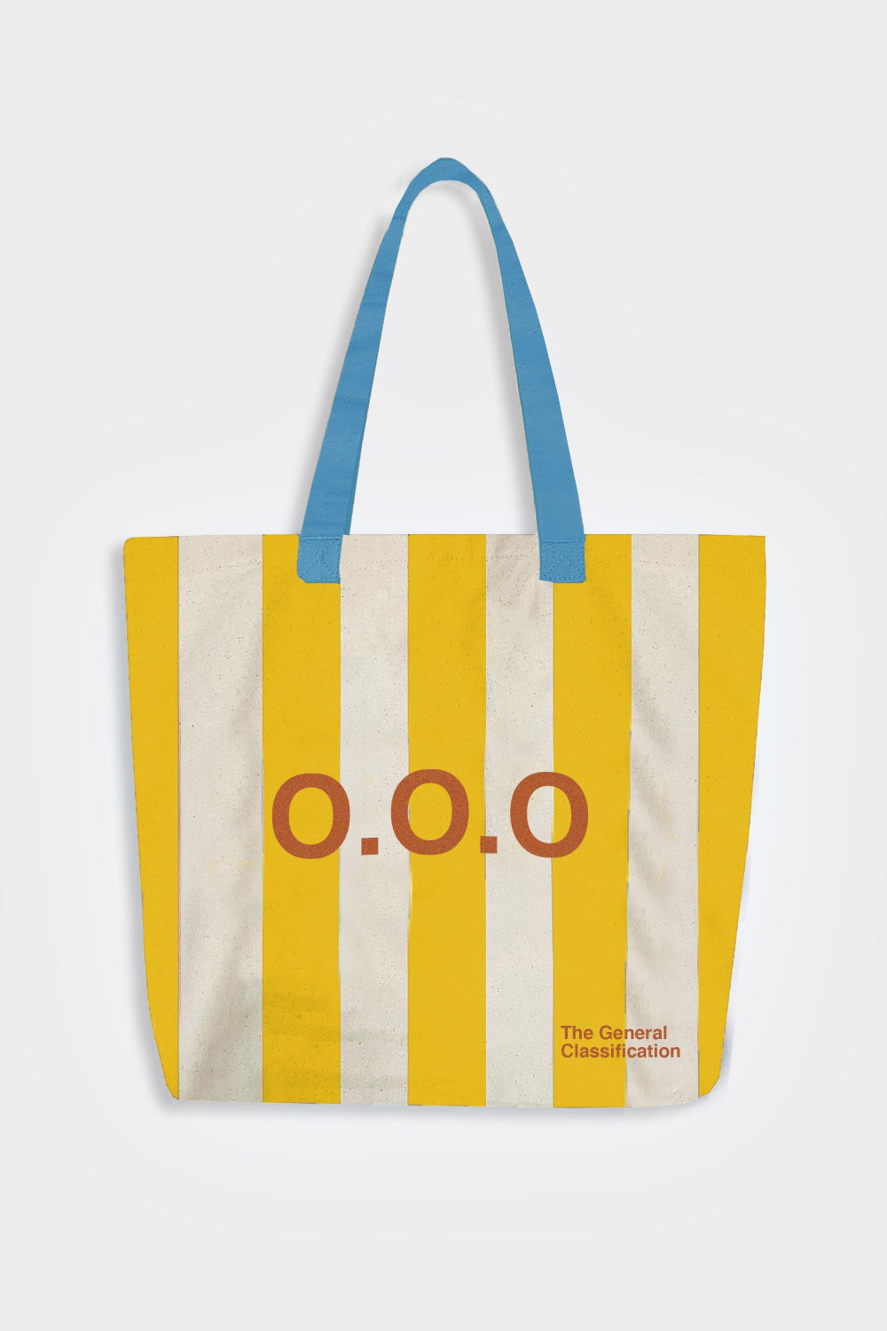 A canvas tote bag with vertical yellow and off-white stripes, featuring the text 'O.O.O'