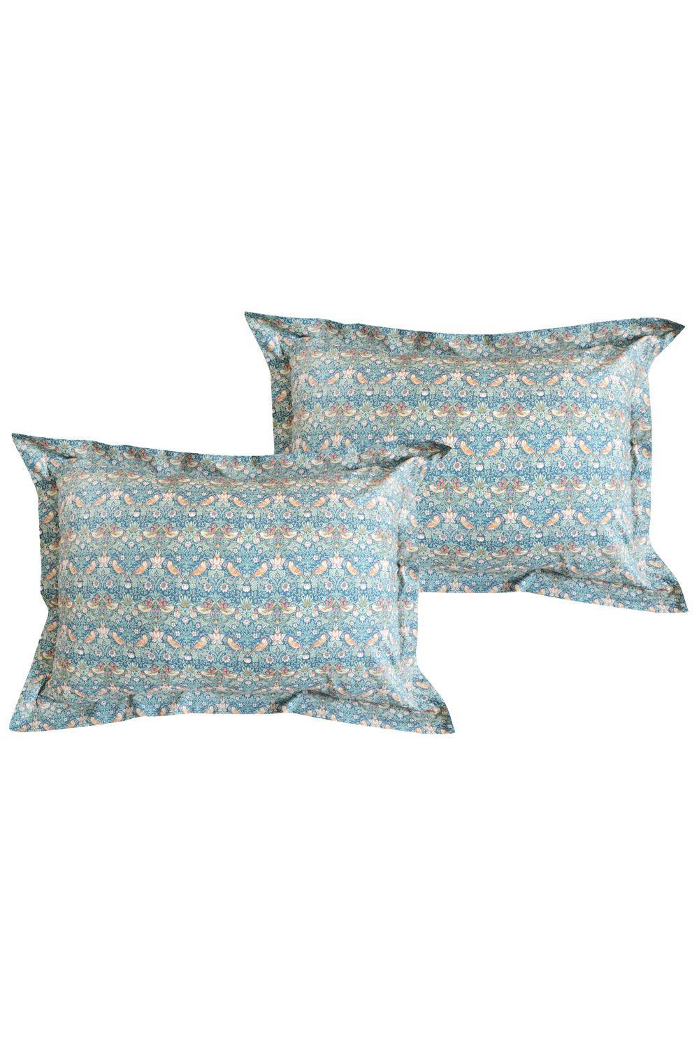Two blue patterned pillows on a white background