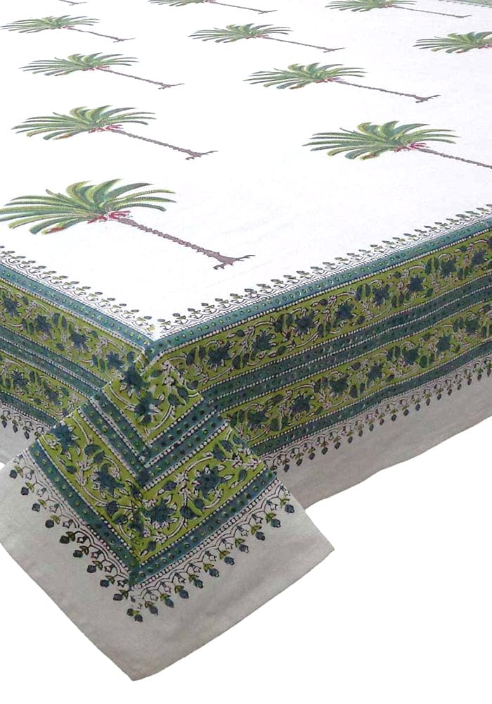 Tablecloth with palm tree design and decorative border on a white background