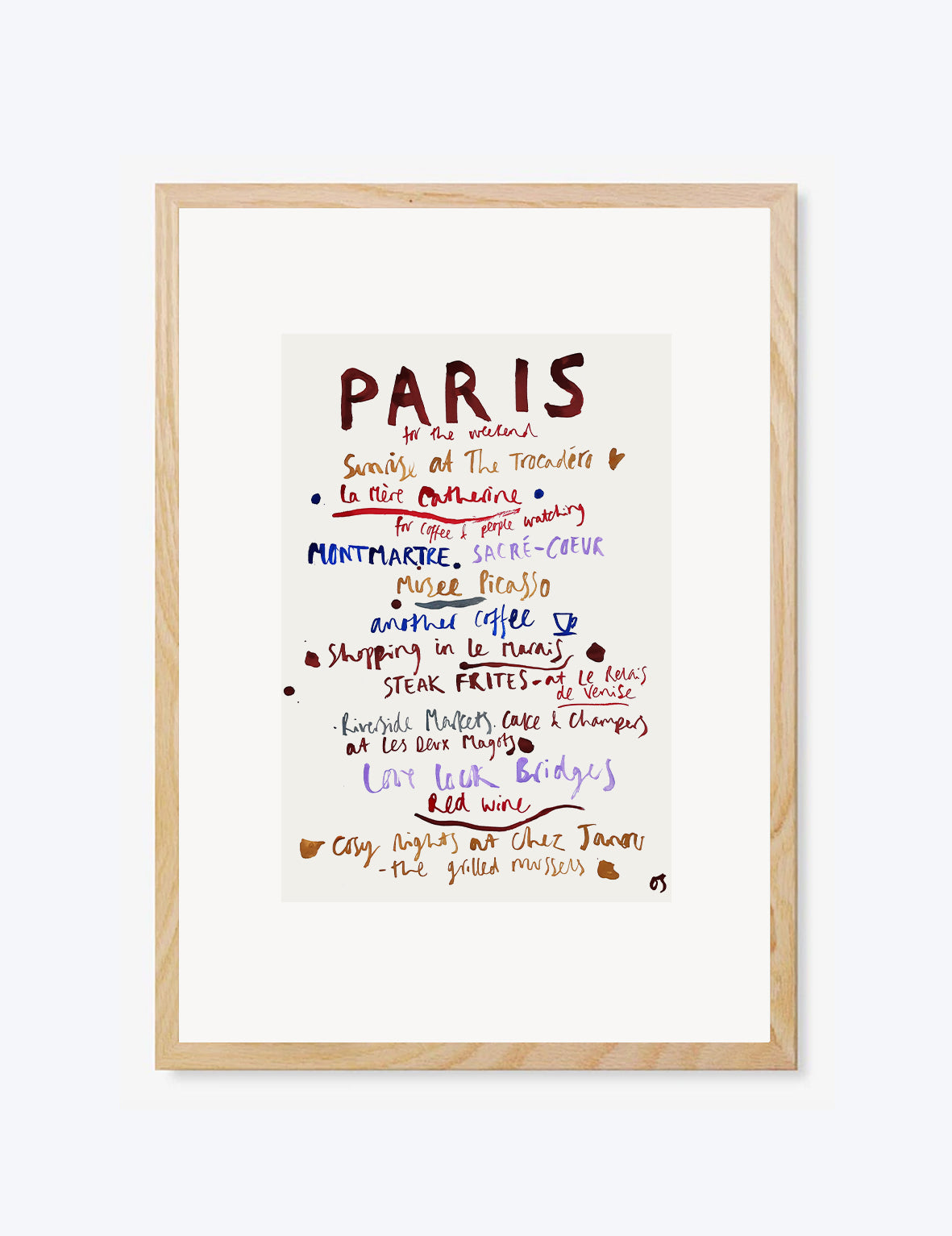 Framed print with colourful indian ink text about things to do in Paris on a white background