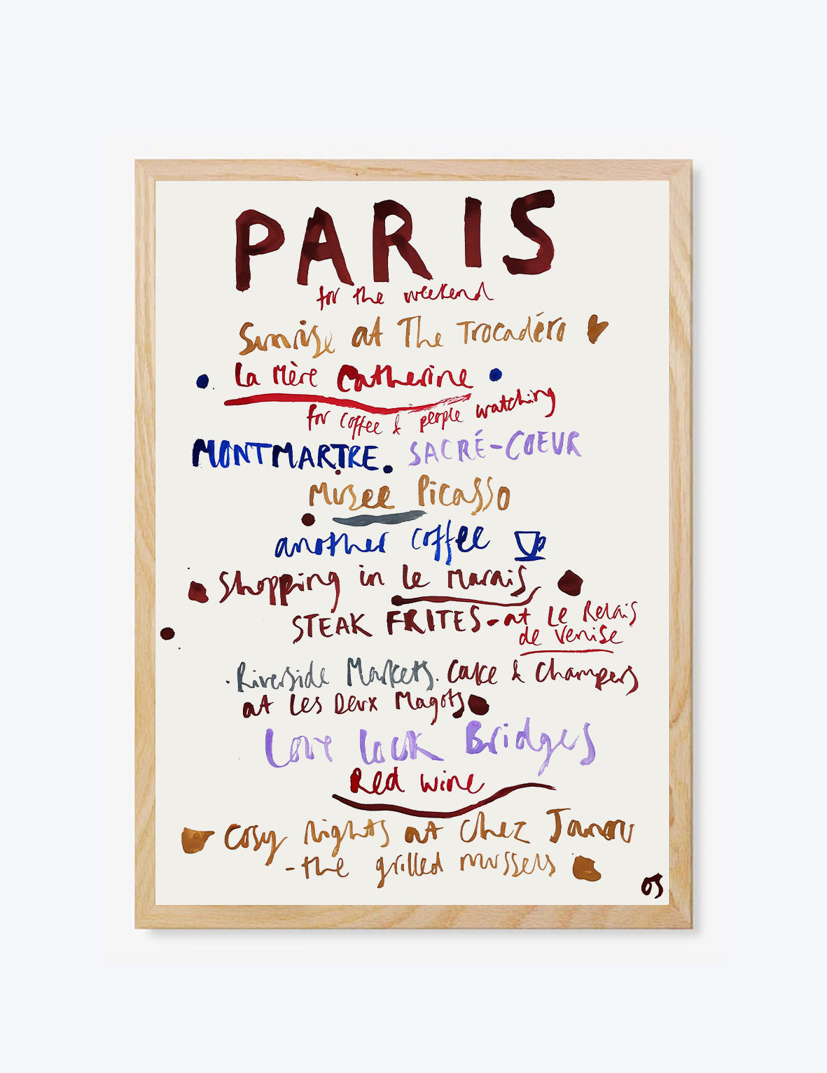 Framed artwork with colourful text about things to do in Paris on a white background