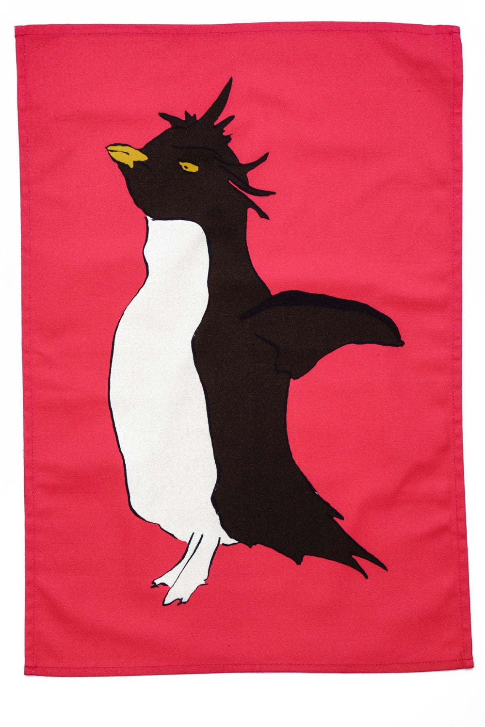 Penguin pink tea towel on a white background
