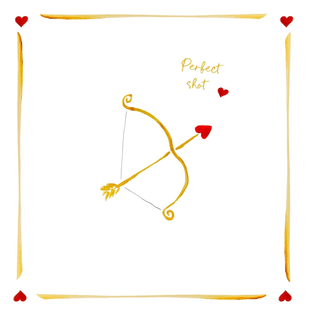 Napkin Illustration of a bow and arrow with hearts, labelled 'Perfect Shot', on a white background.