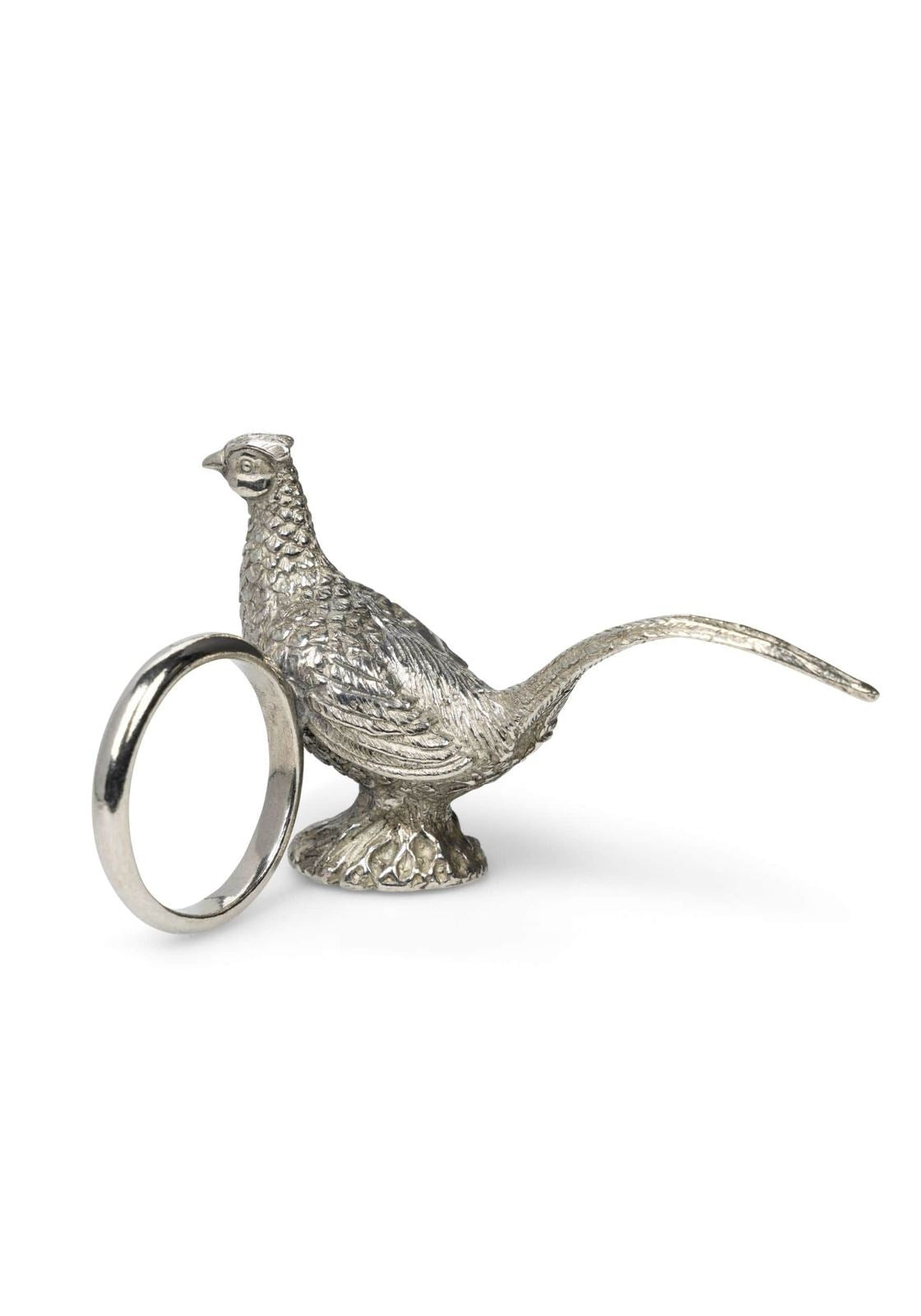 Silver pheasant-shaped napkin ring holder on a white background