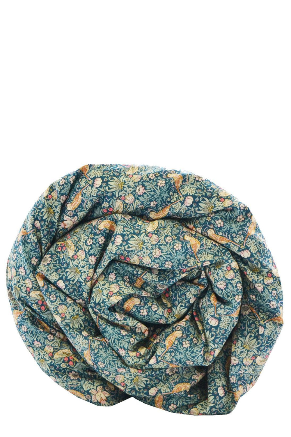 Floral patterned fabric Duvet rolled up on a white background