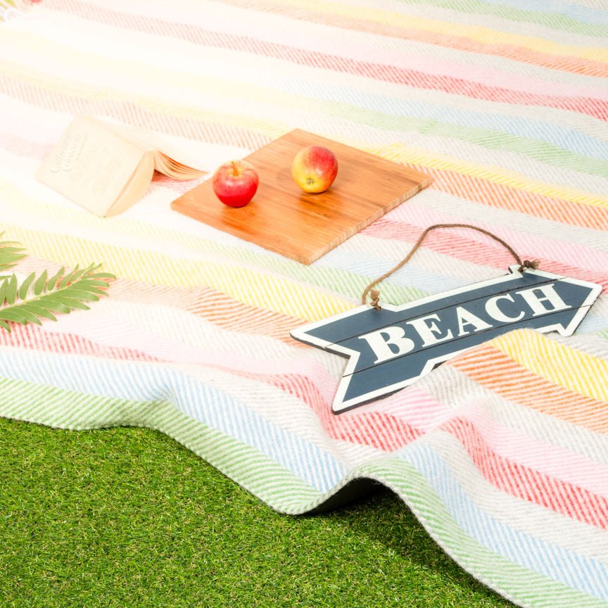 Colourful striped picnic blanket with a 'BEACH' sign, apples, and a leaf on grass.