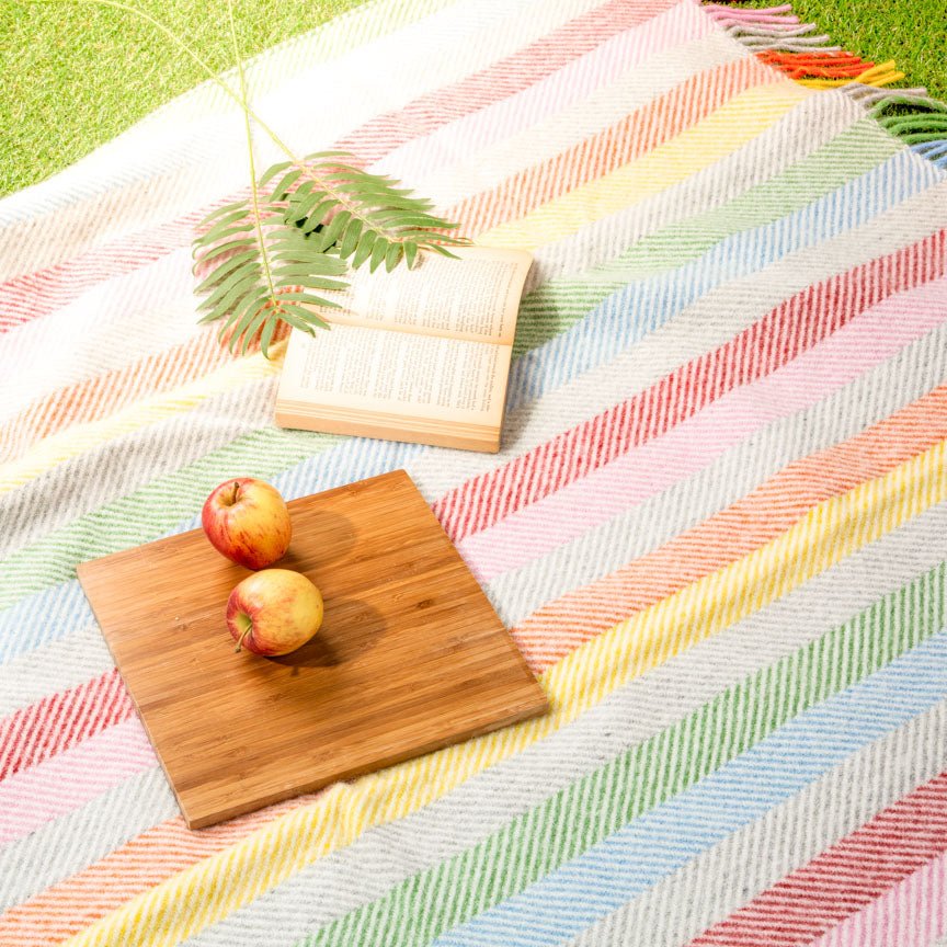 Colourful striped picnic blanket with a wooden cutting board and apples on a grassy background