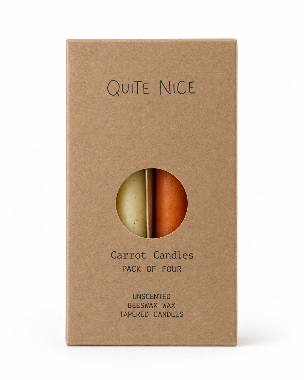 Quite Nice London box of four unscented beeswax carrot candles in brown cardboard packaging with a circular viewing window.