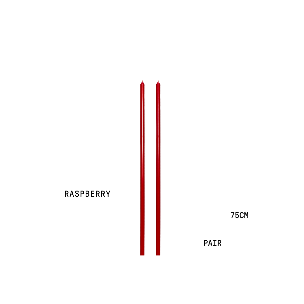 Two metre candles with text indicating 'Raspberry', 'Pair', and '75cm' on a white background.