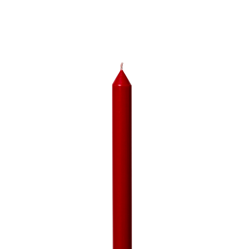 A single red taper candle with a wick, shown vertically against a solid white background.