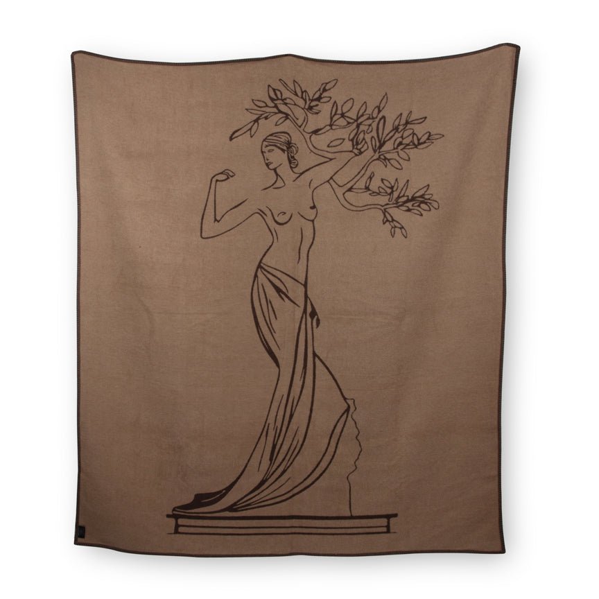 Brown blanket with black line art of a classical statue design on a white background