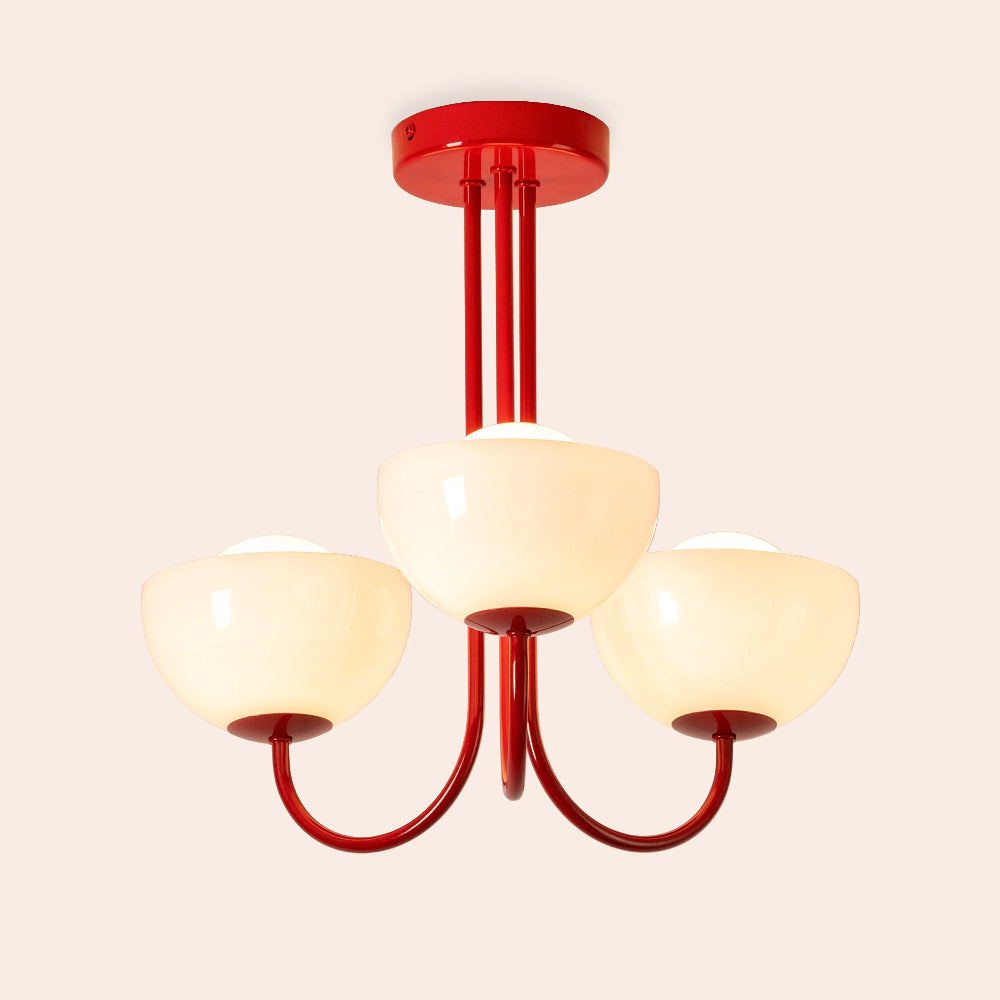 Red flush ceiling light switched on with soft ambient glow