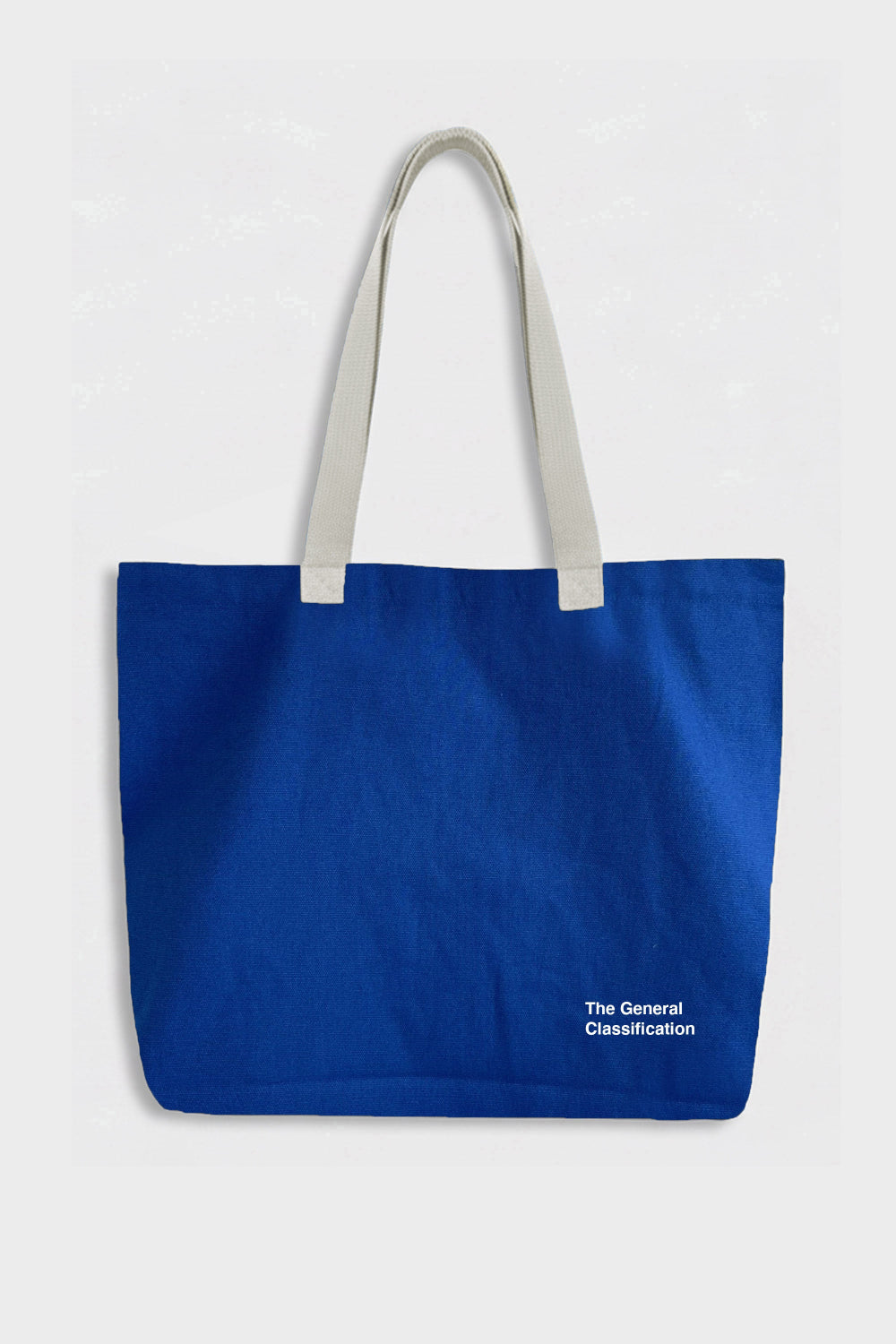 Blue tote bag with 'The General Classification' text on a white background