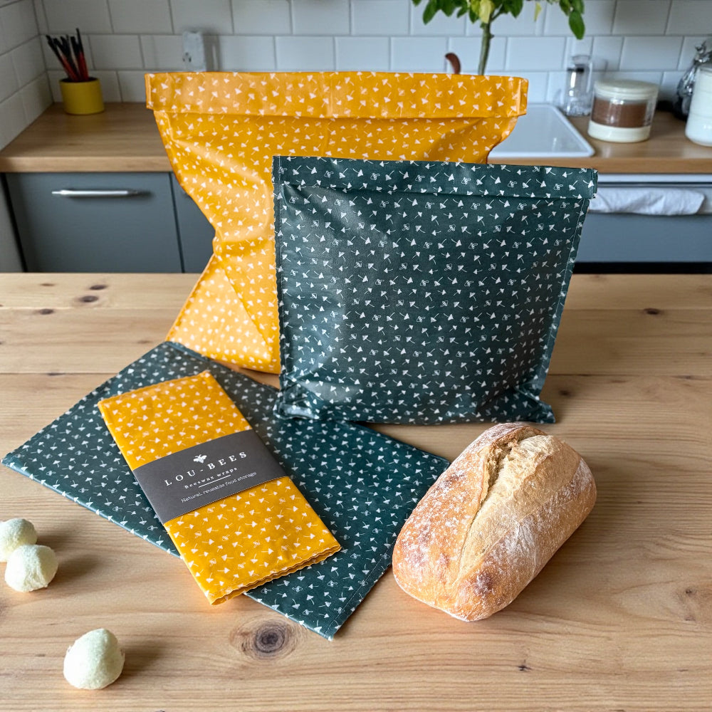 Yellow and green toadstool patterned beeswax food storage bags