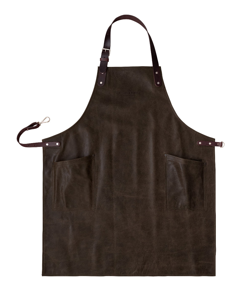 Brown leather apron with a strap on a white background