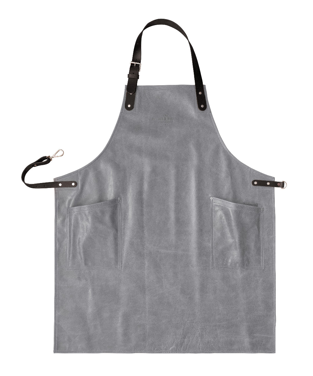 Grey leather apron with black straps on a white background