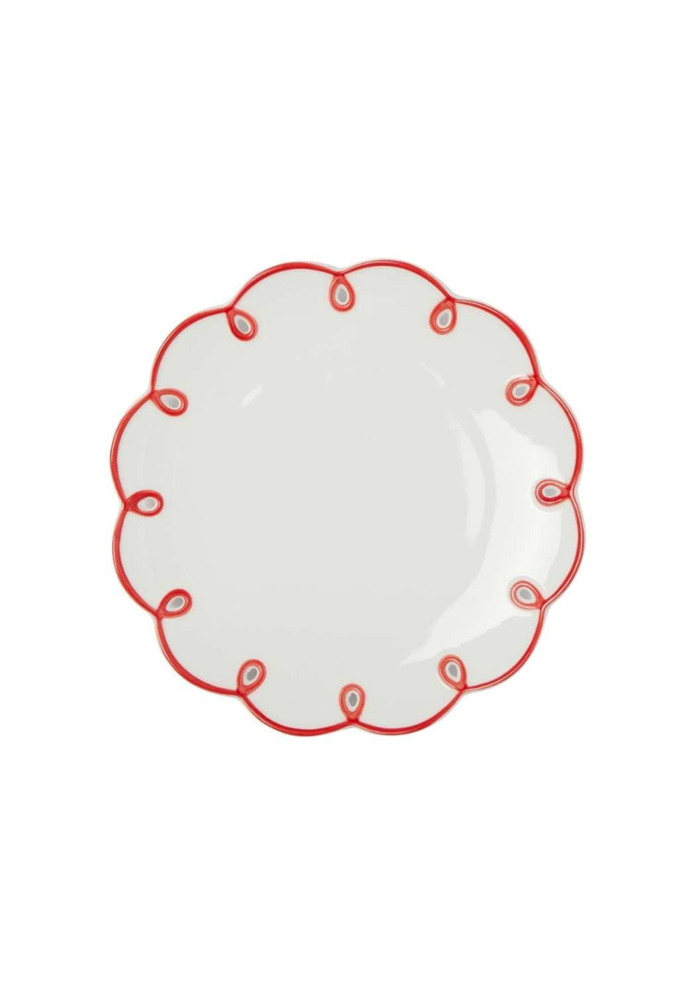White plate with red decorative scalloped edge on a white background