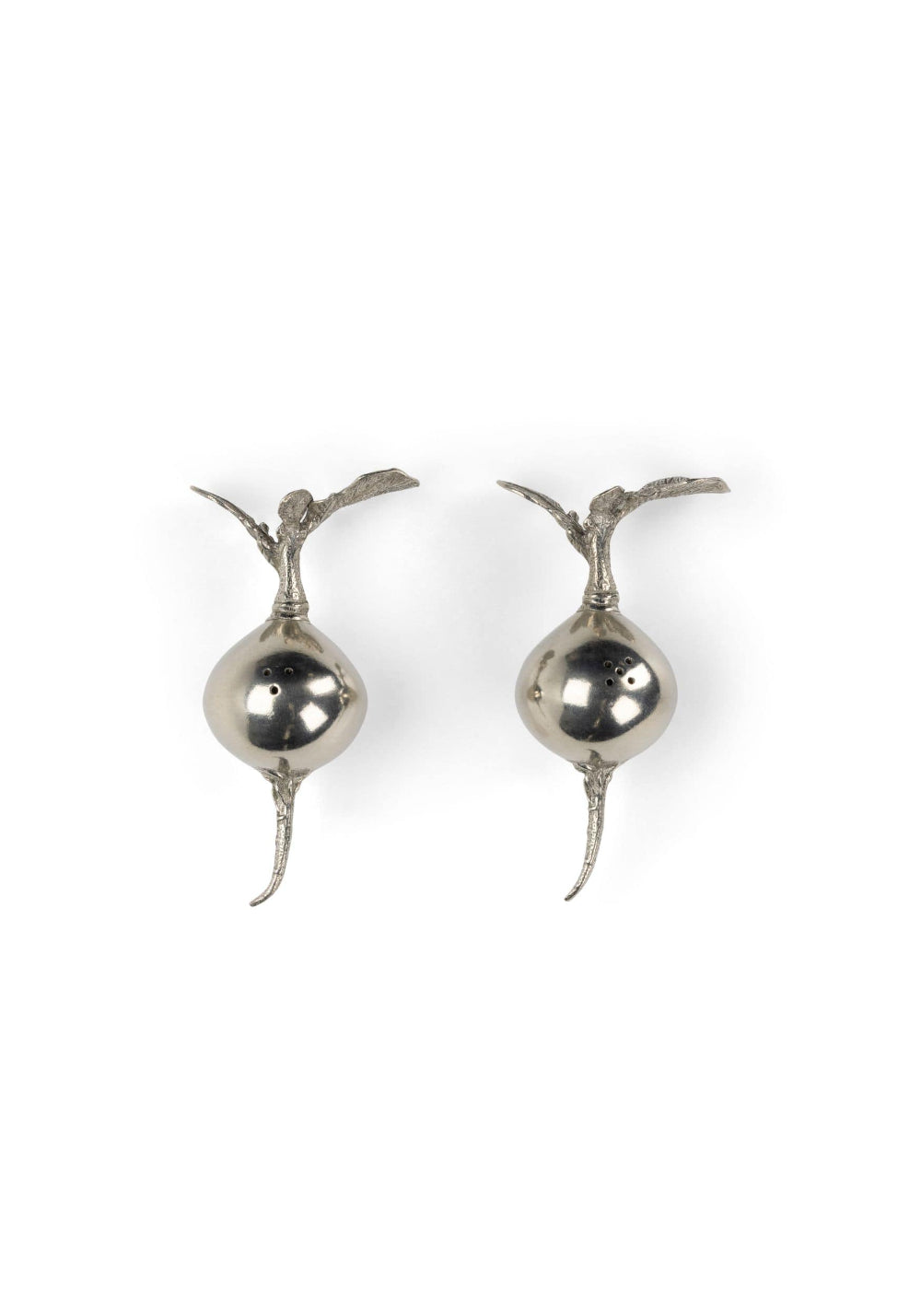 Pair of petwer salt and peppper radish shakers on a white background