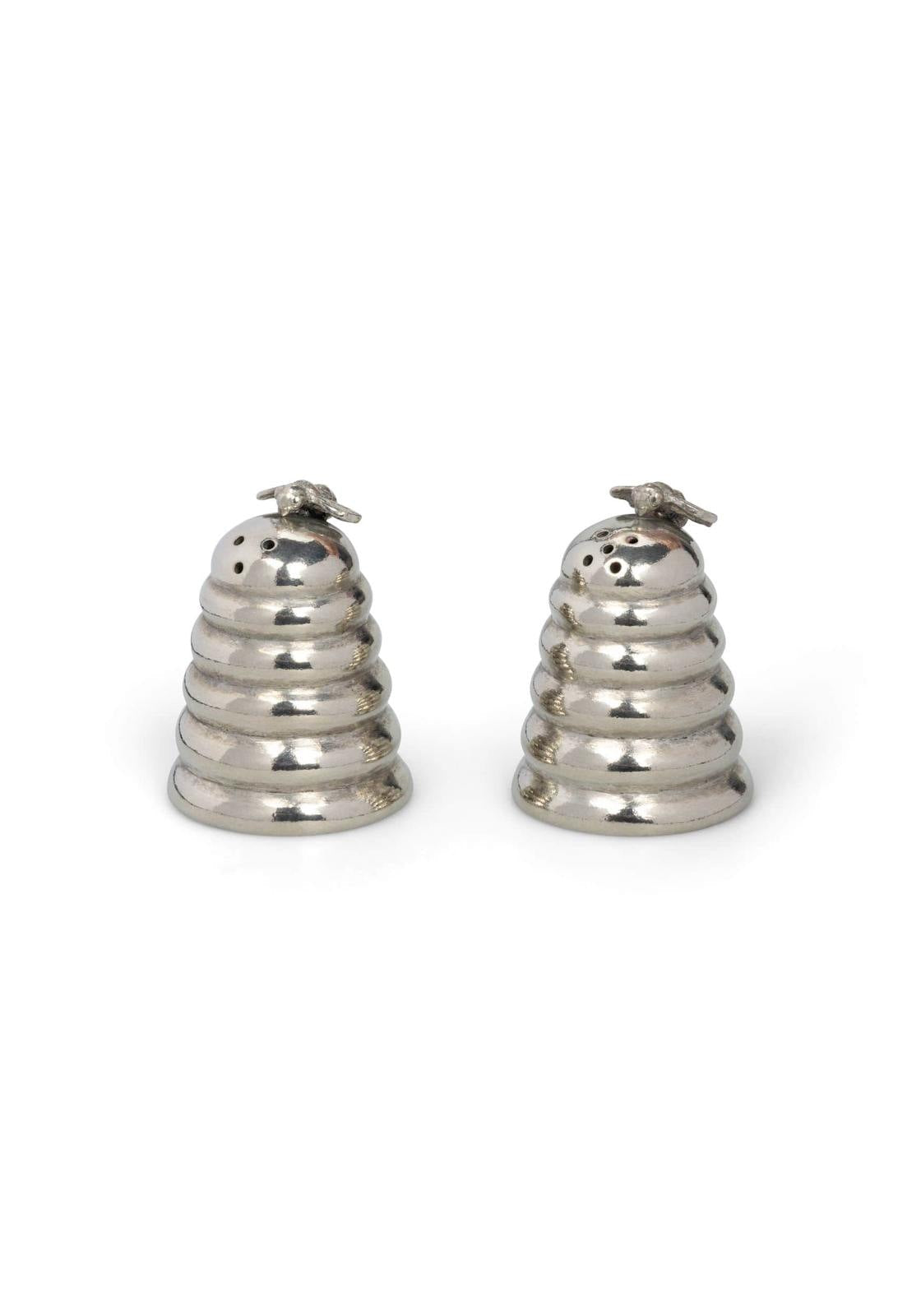 Two silver pewter bee-shaped salt and pepper shakers on a white background