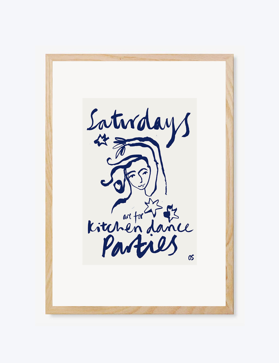 Framed artwork with blue text and a woman's face on a white background