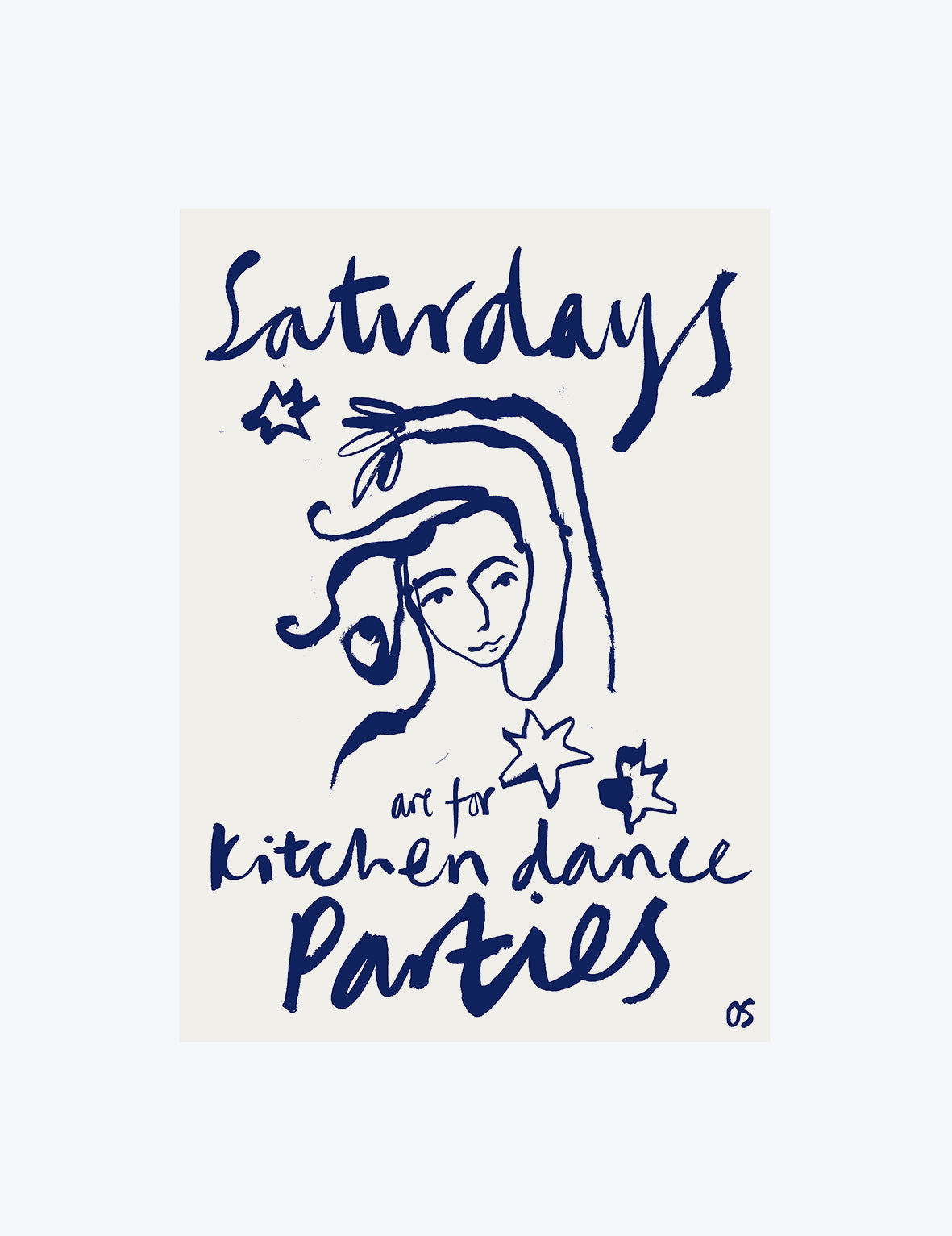 Navy blue text and line drawing 'Saturdays are for Kitchen dance parties' of a woman on a beige background