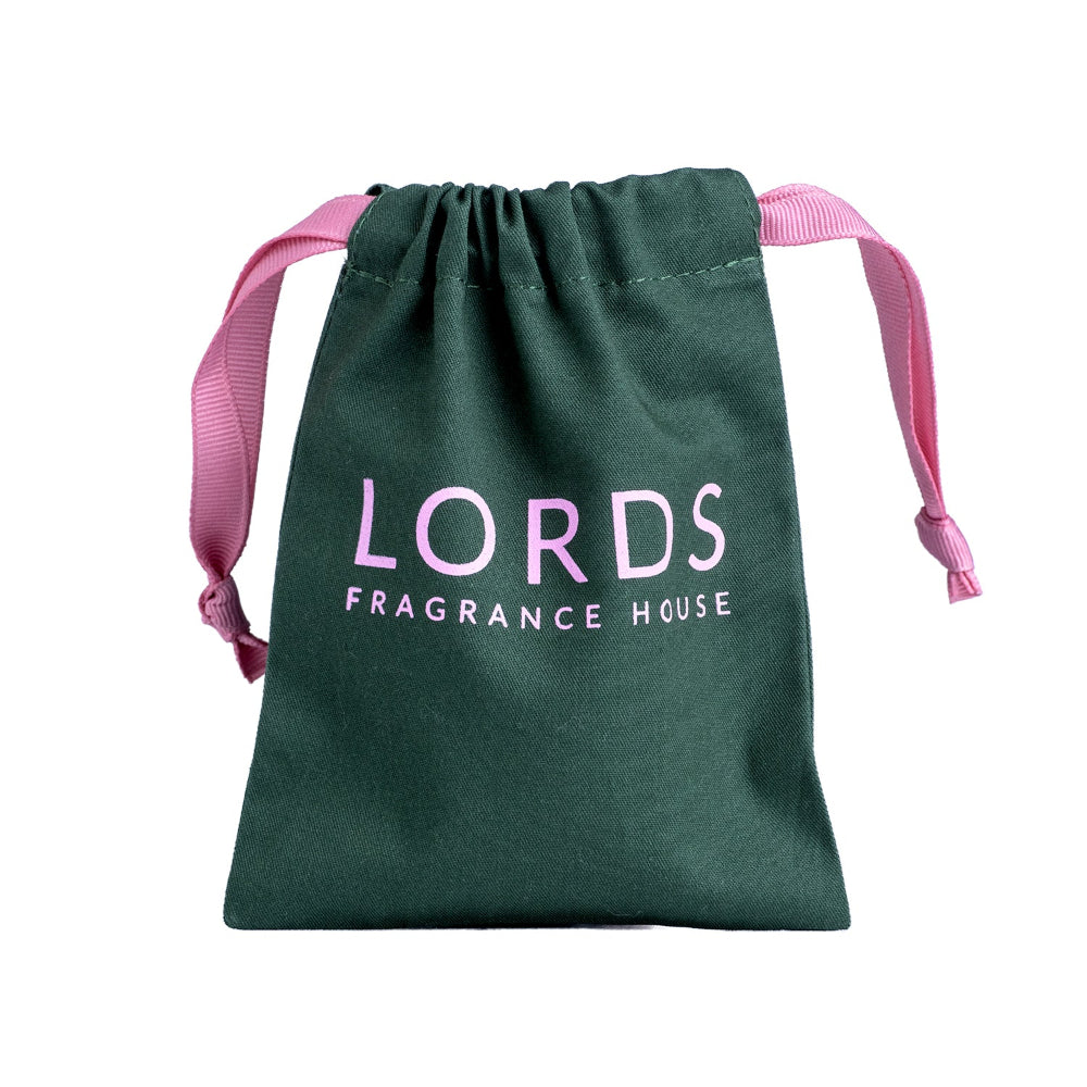 Green drawstring bag with 'LORDS FRAGRANCE HOUSE' text on a white background