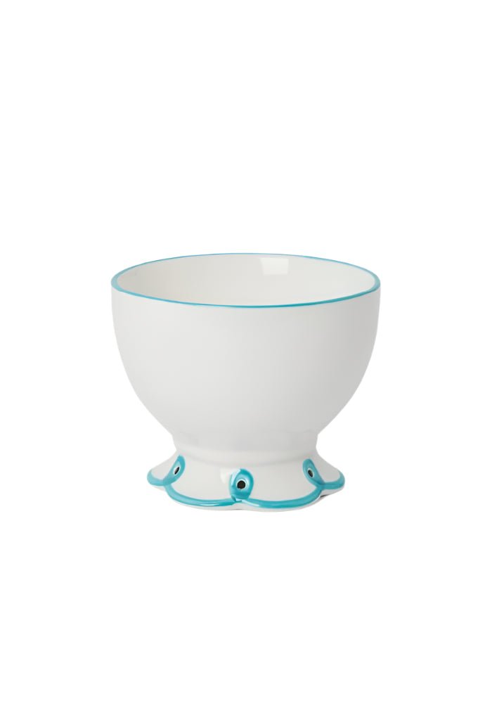 White ceramic bowl with sky blue accents on a white background