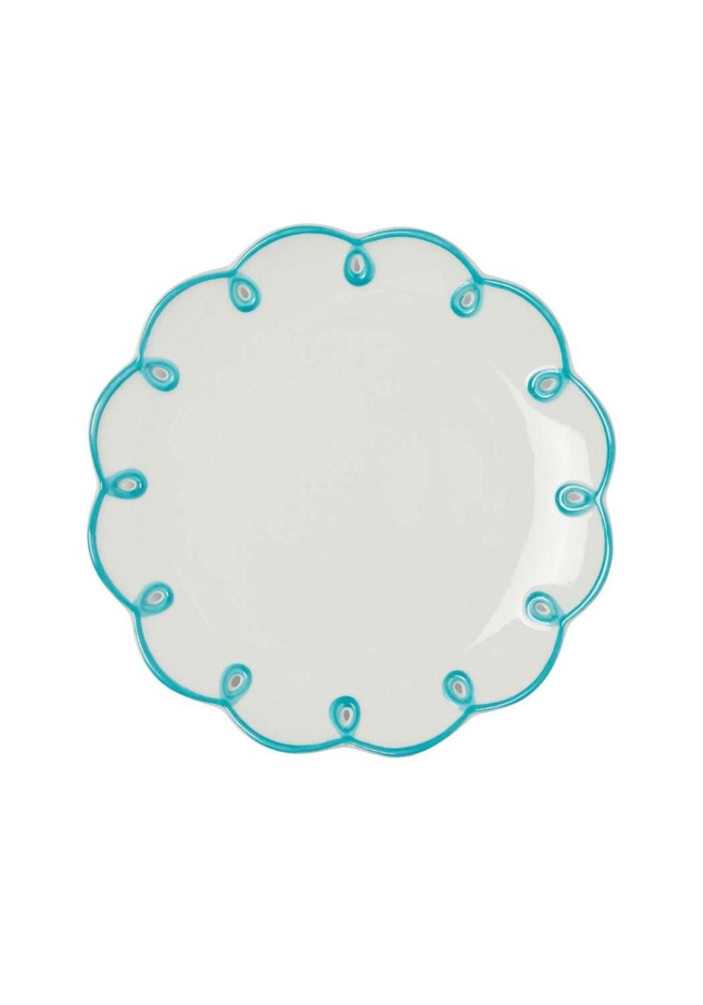 White plate with turquoise decorative rim on a white background