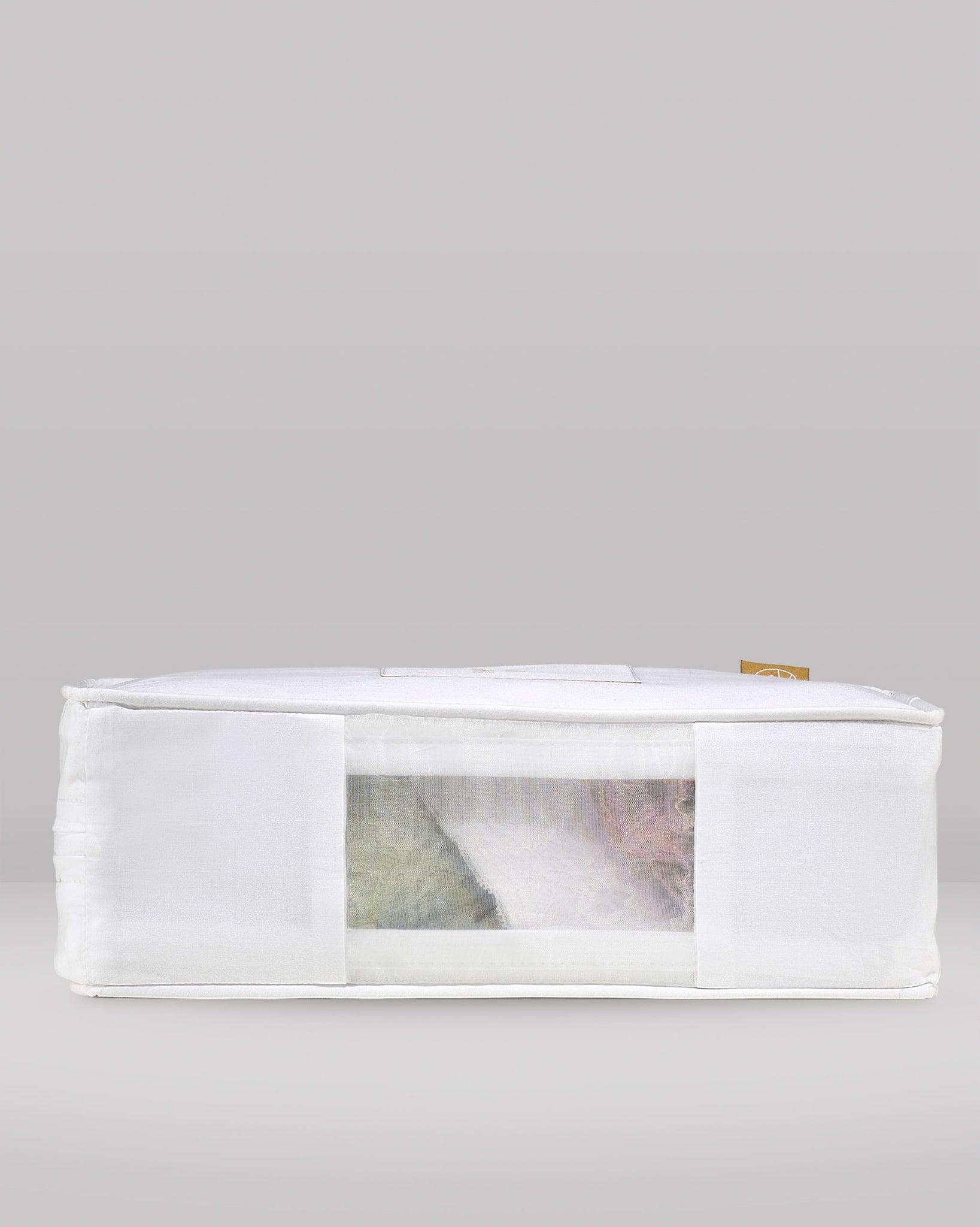 White woven basket with a clear plastic front on a grey background