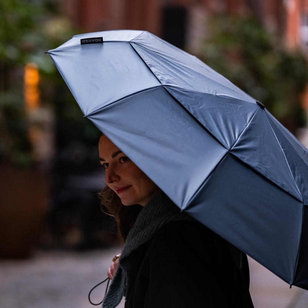 Person holding a blue umbrella with a blurred background