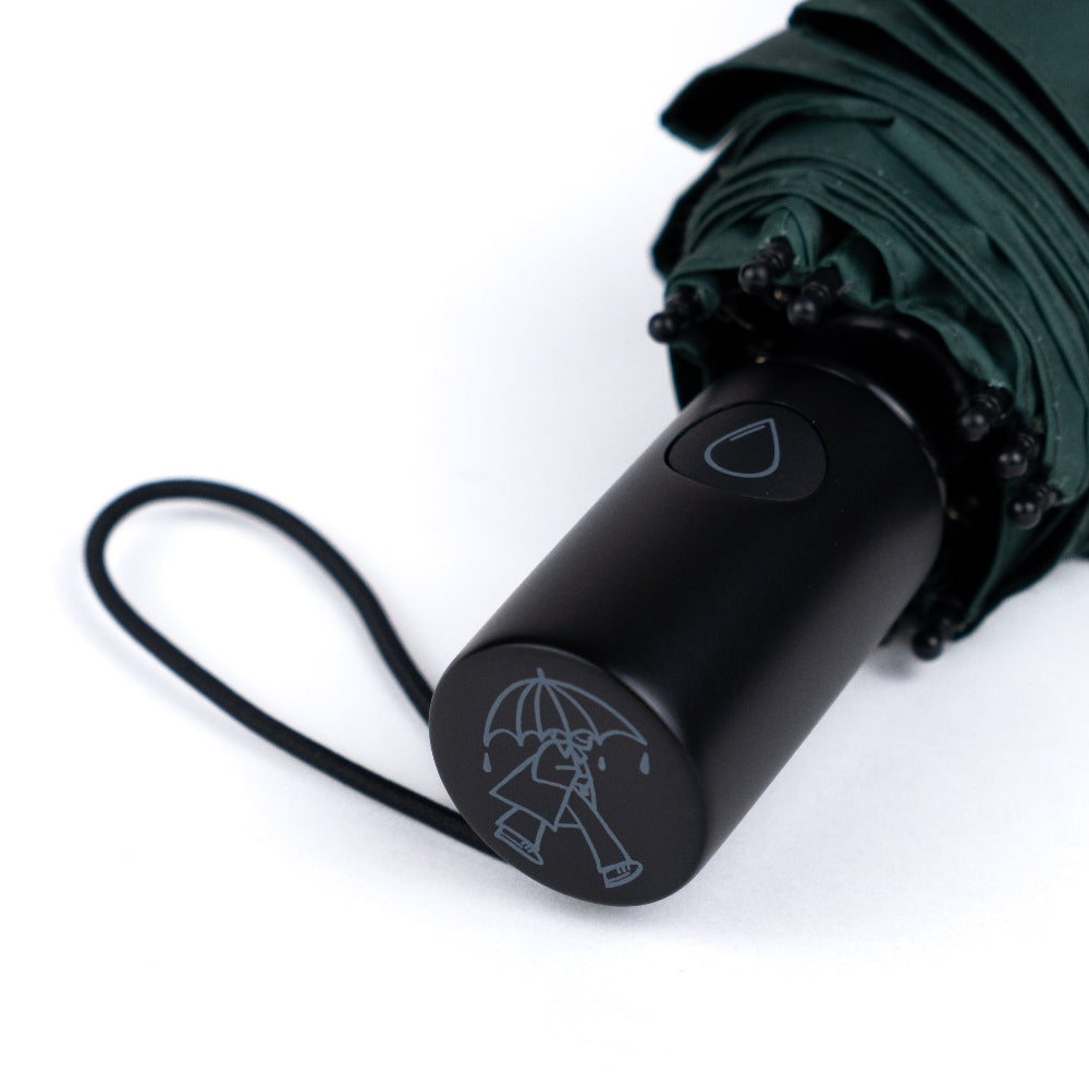 Black umbrella with a visible brand logo on a white background
