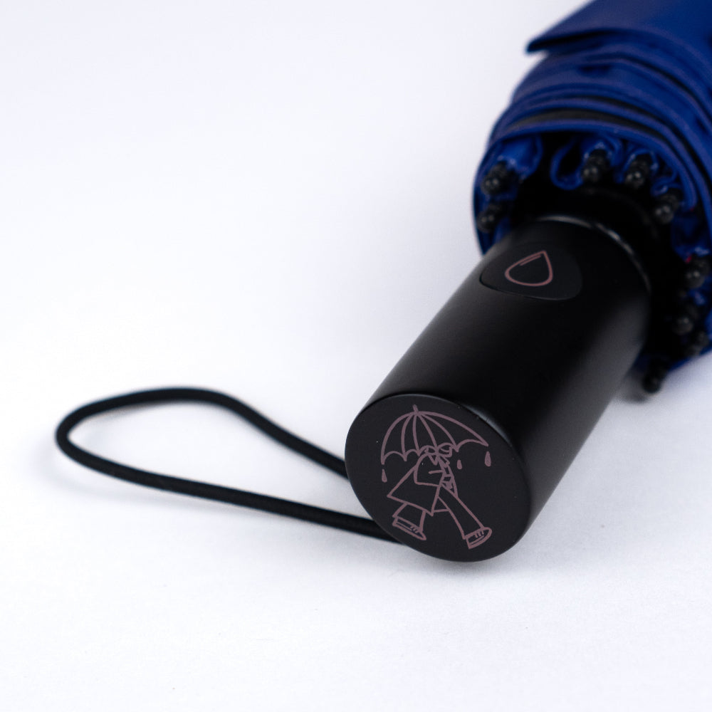 Blue umbrella with black handle on a white background