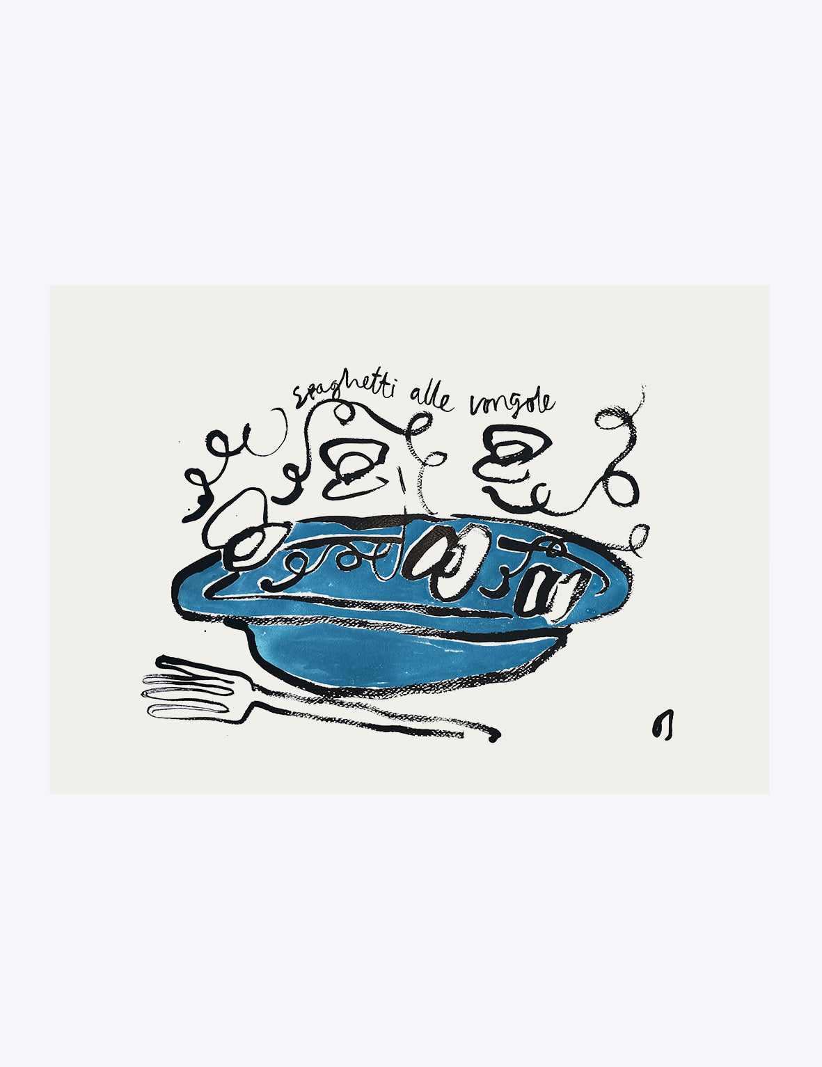 Illustration of a blue plate with spaghetti and text on a white background
