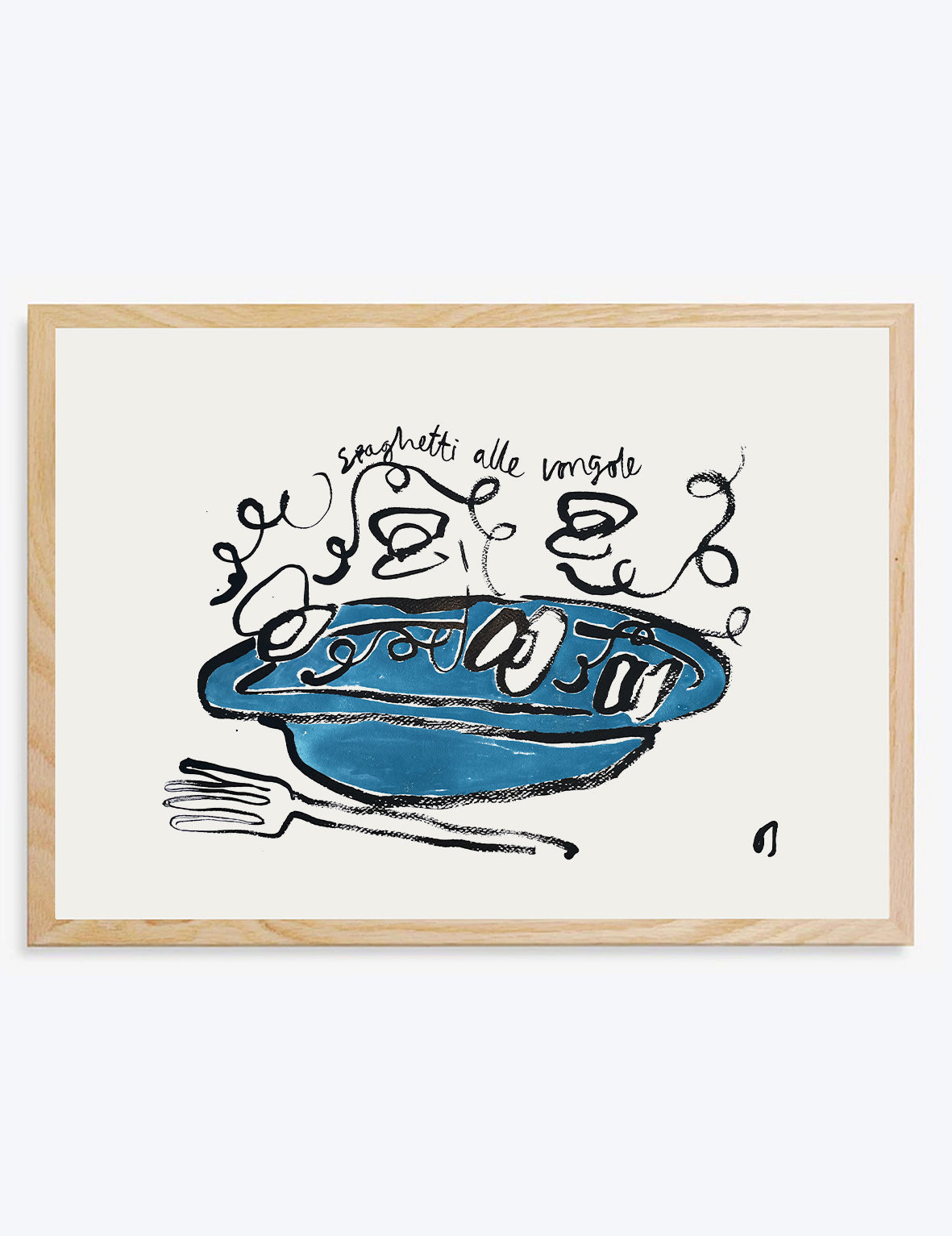 Framed artwork of a blue plate with spaghetti and text on a white background