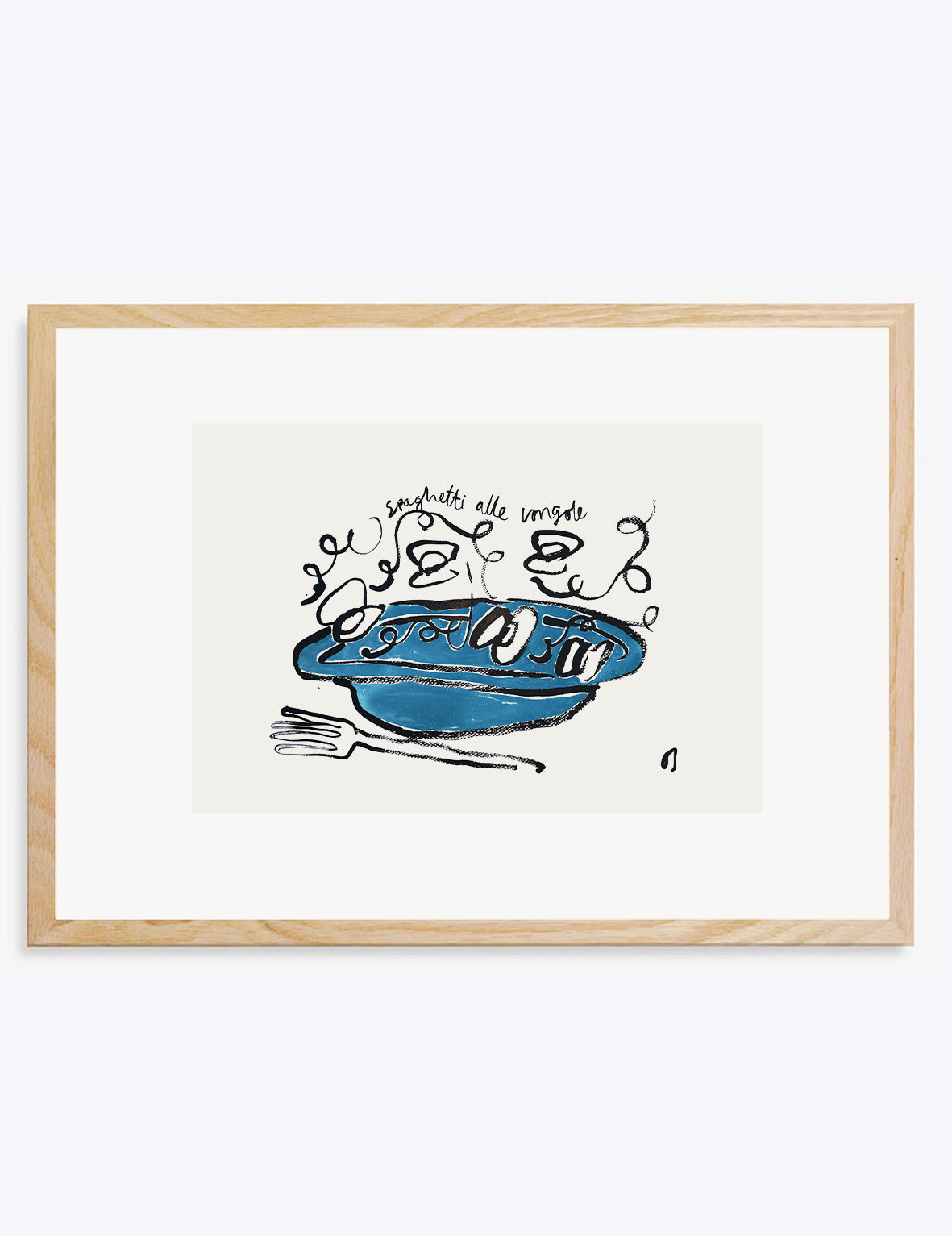 Framed artwork of a blue bowl with spaghetti and text on a white background