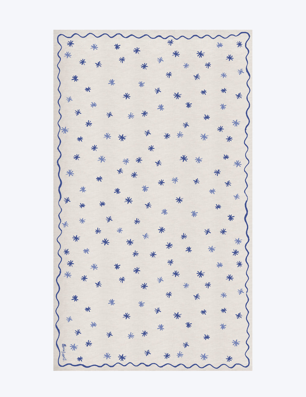 Linen tablecloth with blue star pattern on a white background