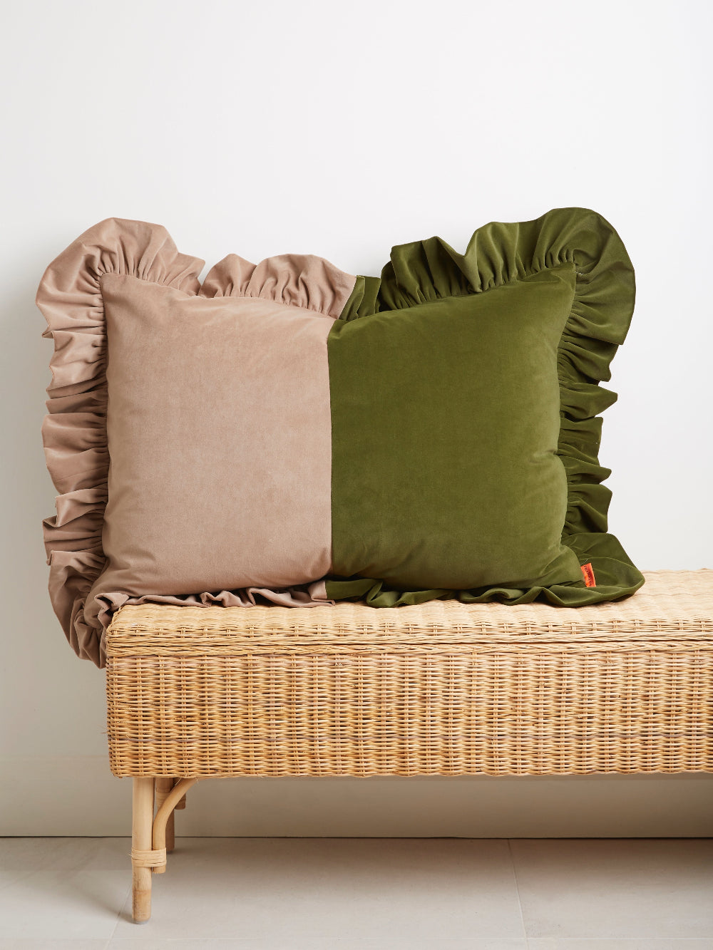 Two-tone velvet ruffled cushion in Stone and Forest Green