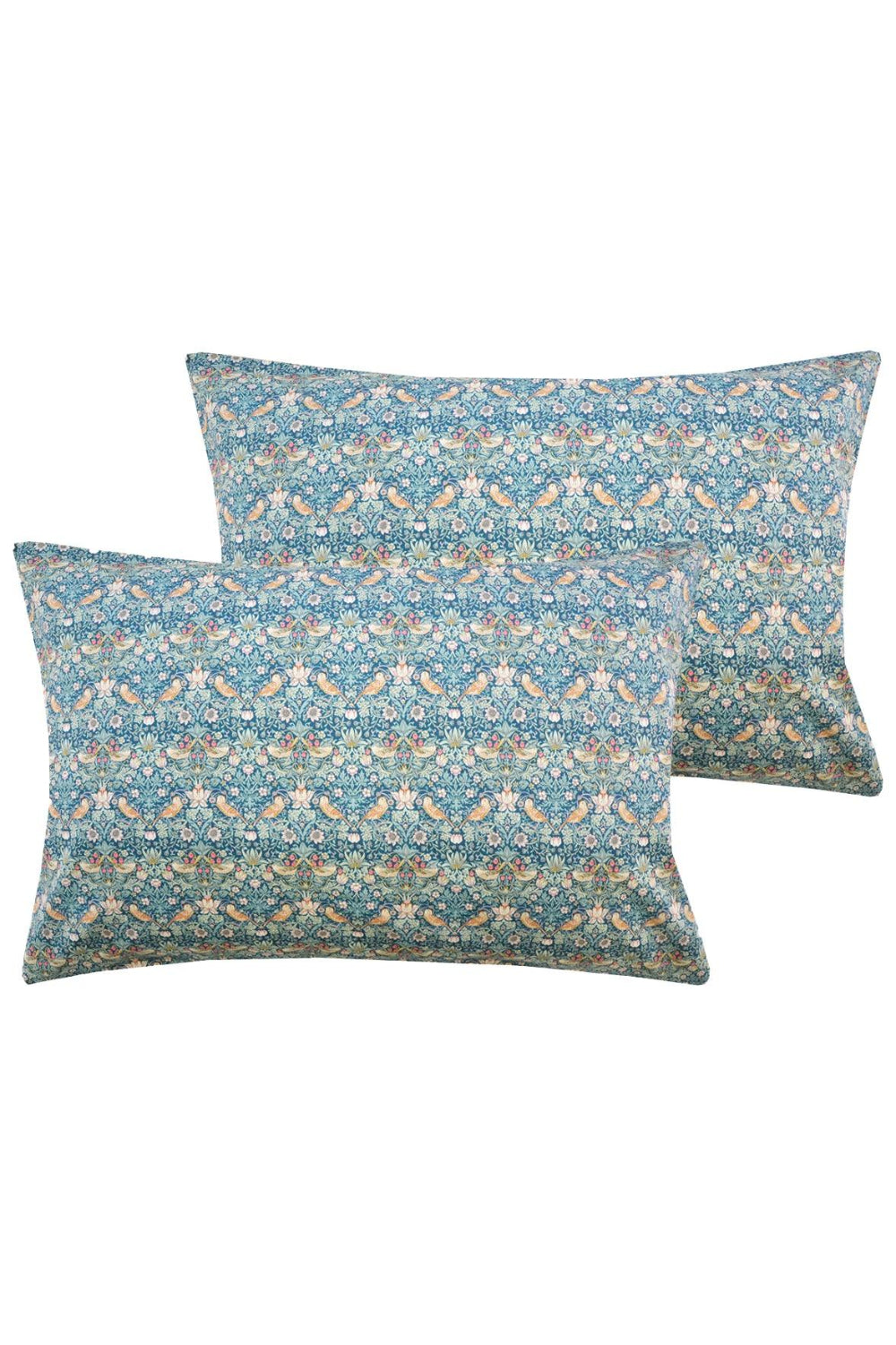 Two blue strawberry thief patterned pillows on a white background