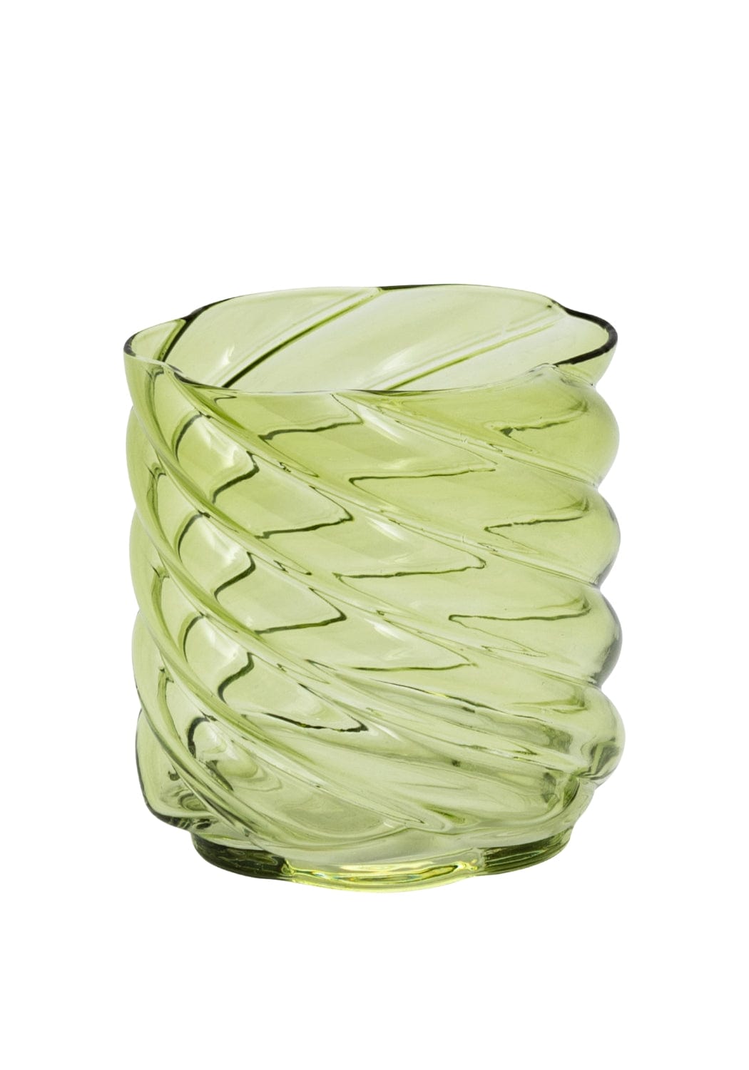 Green glass tumblers with a twisted design on a white background