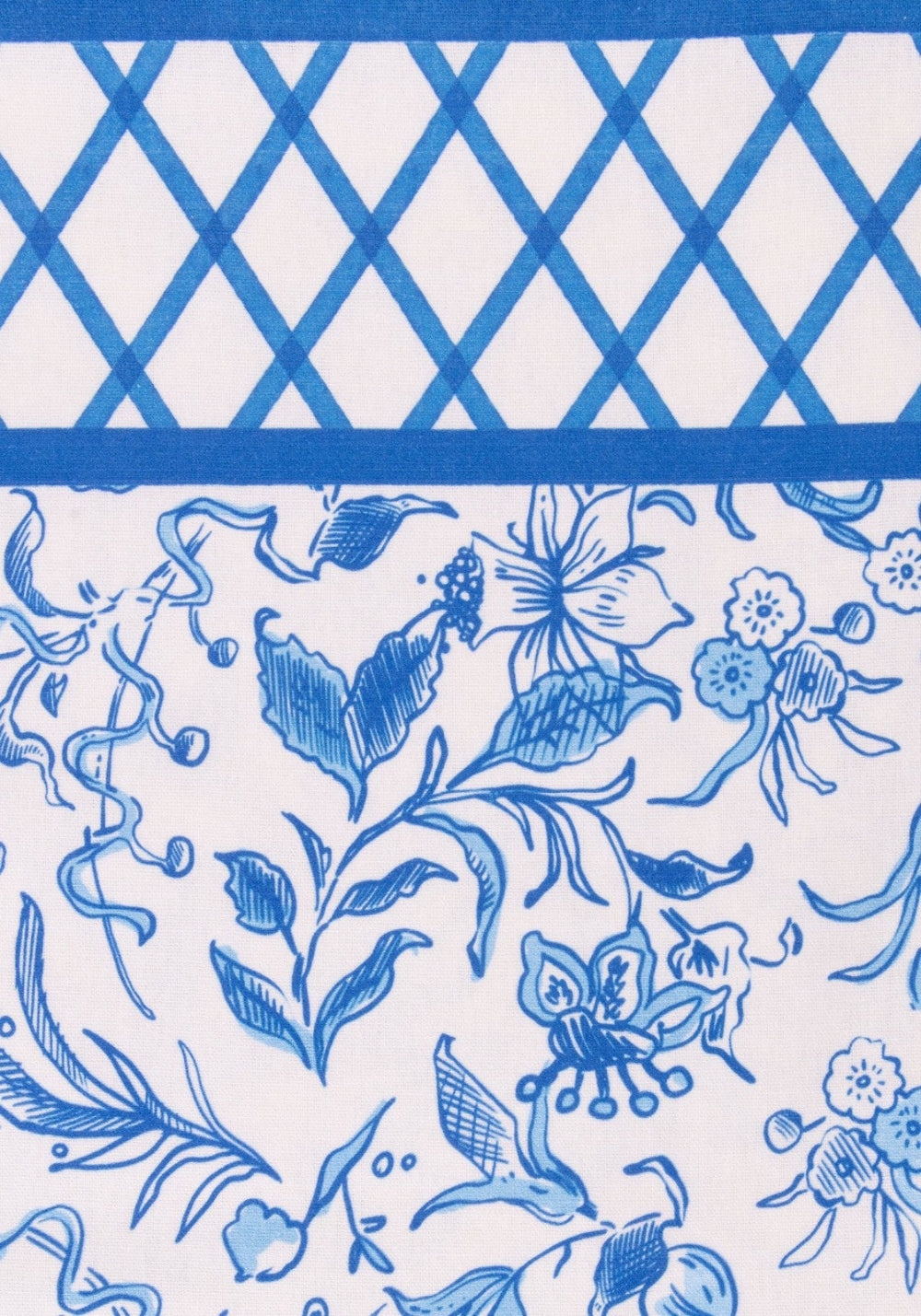Blue floral pattern on a white background with a blue lattice border