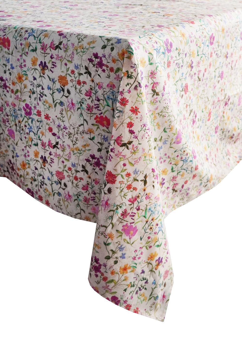 Floral patterned Linen Garden liberty tablecloth on a white background