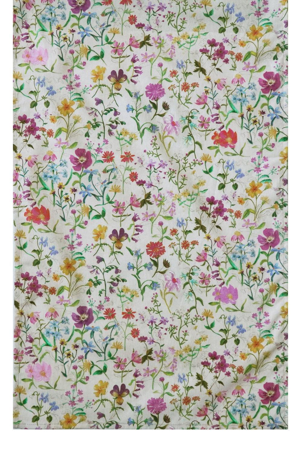 Linen Garden Floral patterned Liberty fabric table runner with colourful flowers on a light background