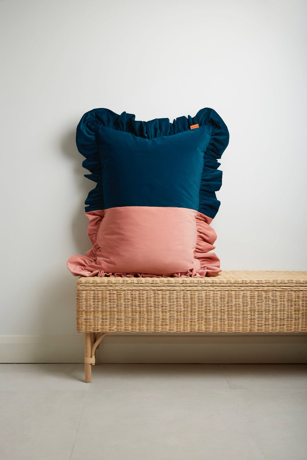 Two-tone velvet ruffled cushion in Teal and Coral