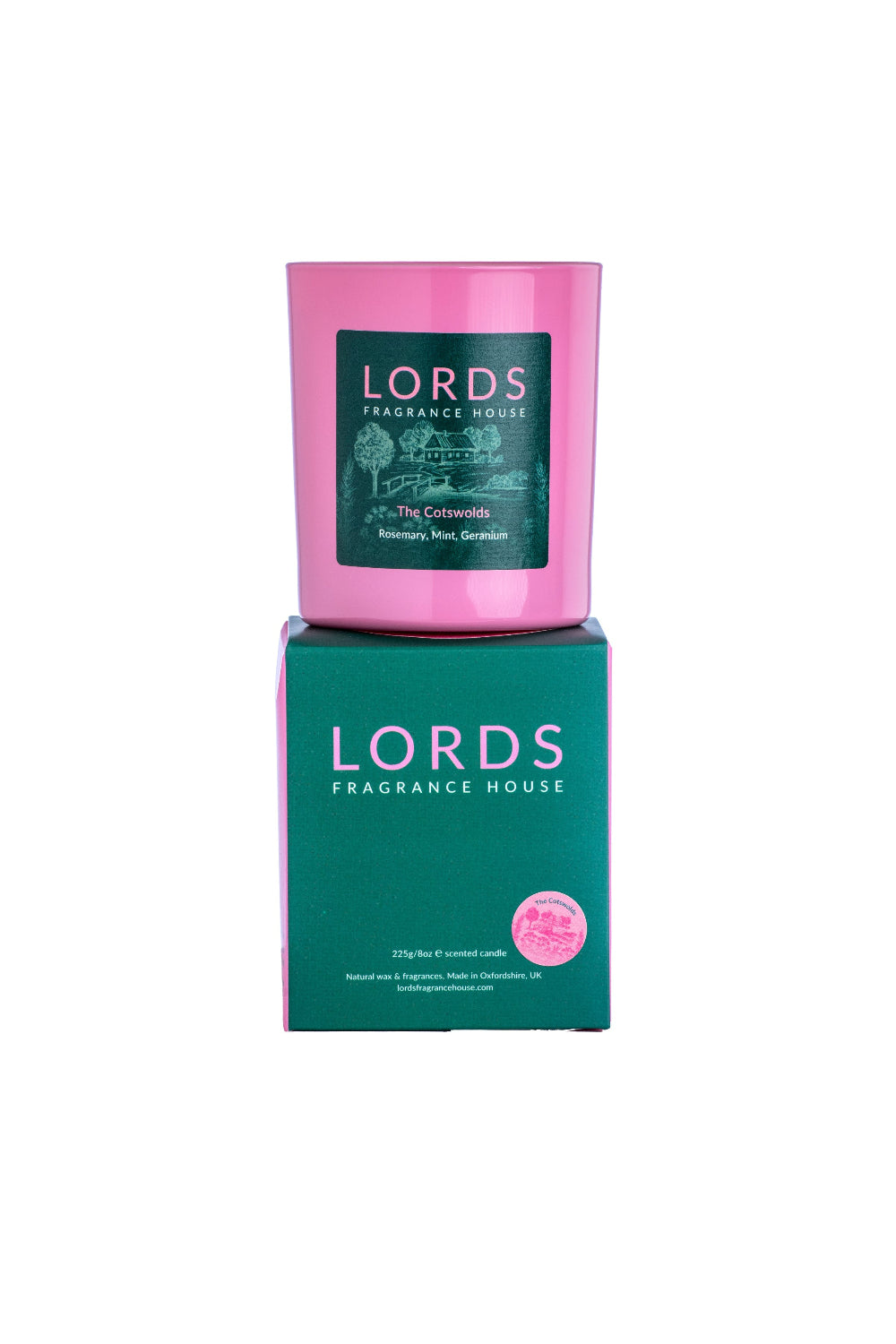 Pink candle and green box with 'LORDS' branding on a white background