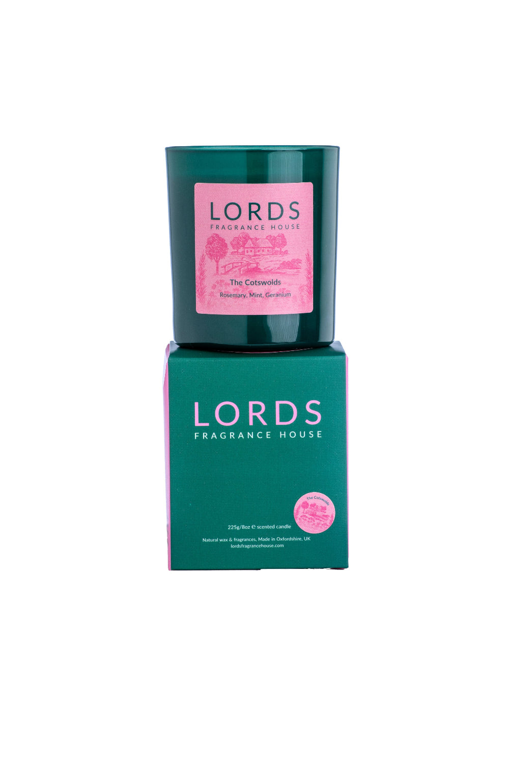 Lords Fragrance House cotswold candle and packaging on a white background